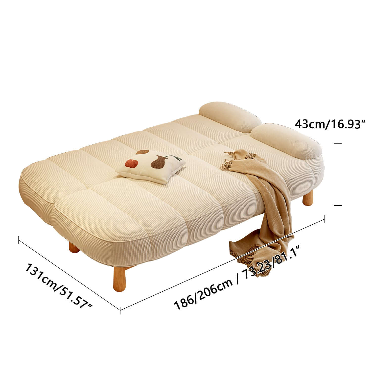 Hompkin Japandi Corduroy Folding Loveseat Sofa Bed with Ash Wood Frame