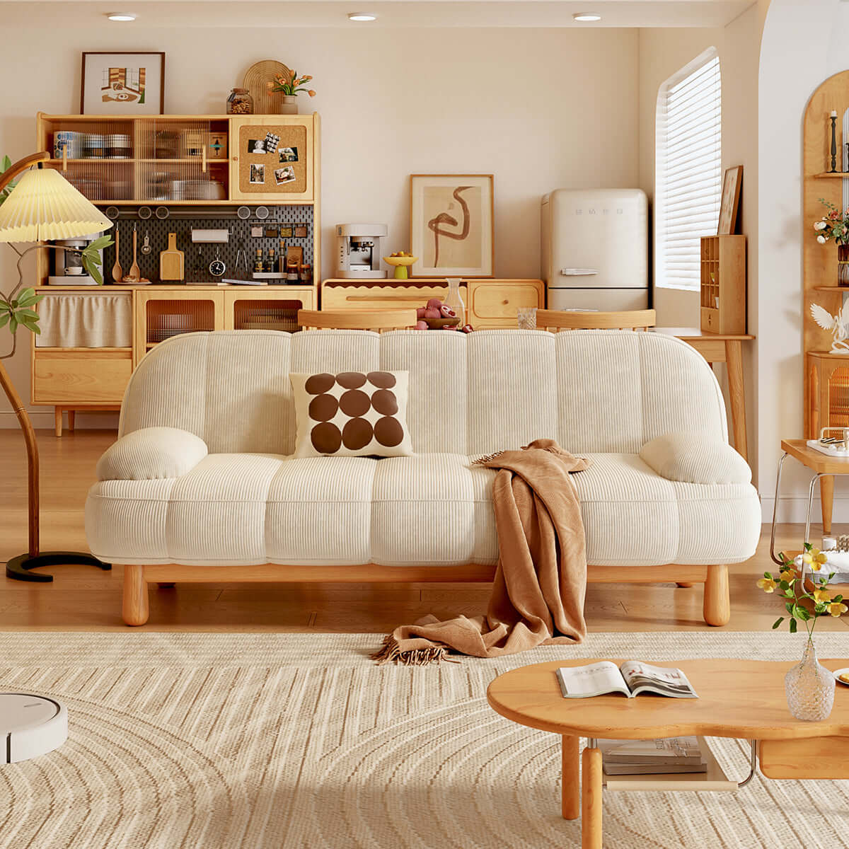 Hompkin Japandi Corduroy Folding Loveseat Sofa Bed with Ash Wood Frame