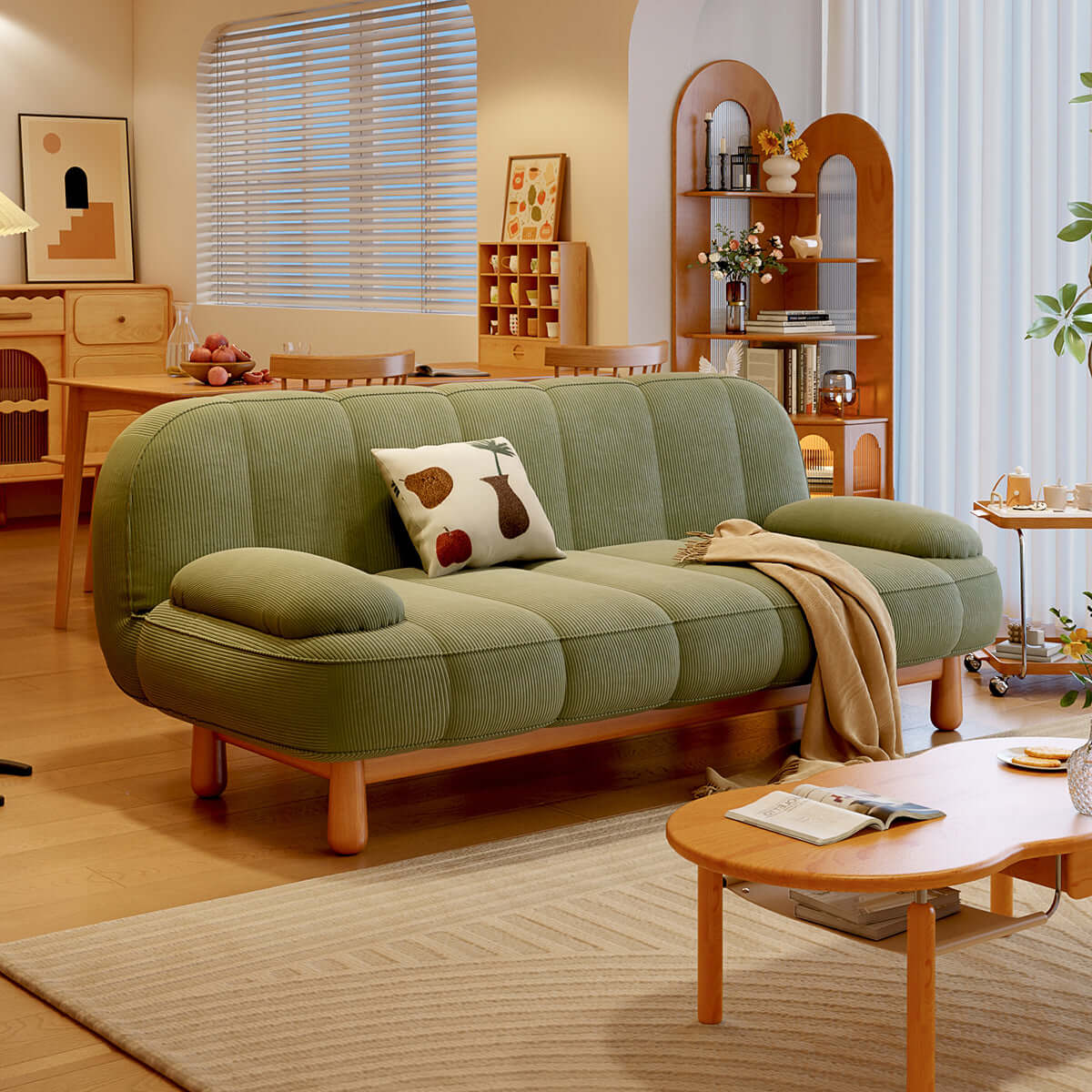 Hompkin Japandi Corduroy Folding Loveseat Sofa Bed with Ash Wood Frame