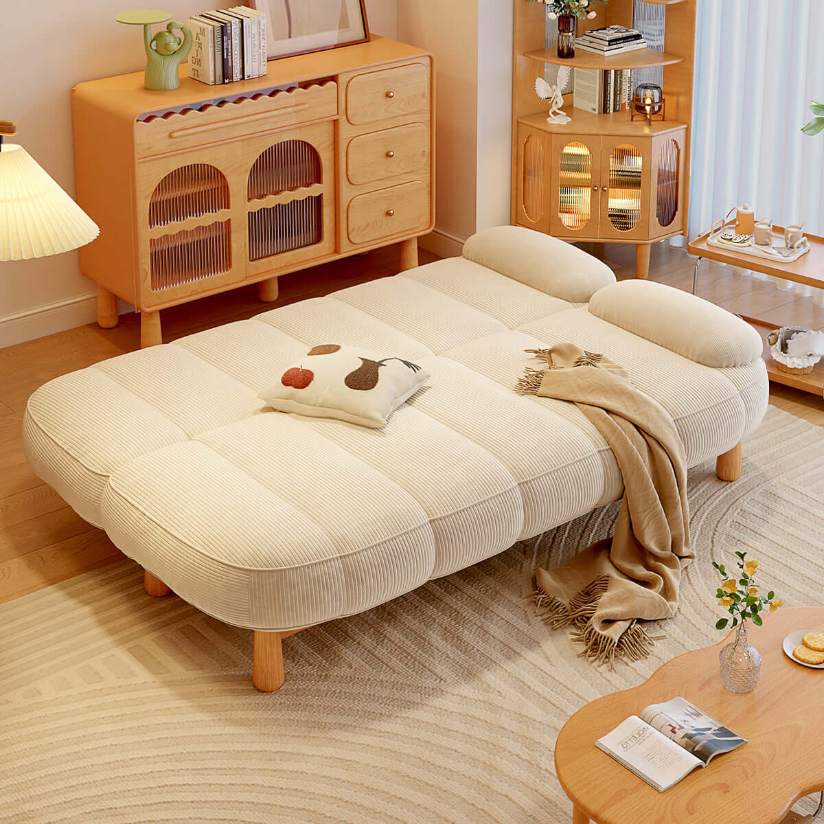 Hompkin Japandi Corduroy Folding Loveseat Sofa Bed with Ash Wood Frame