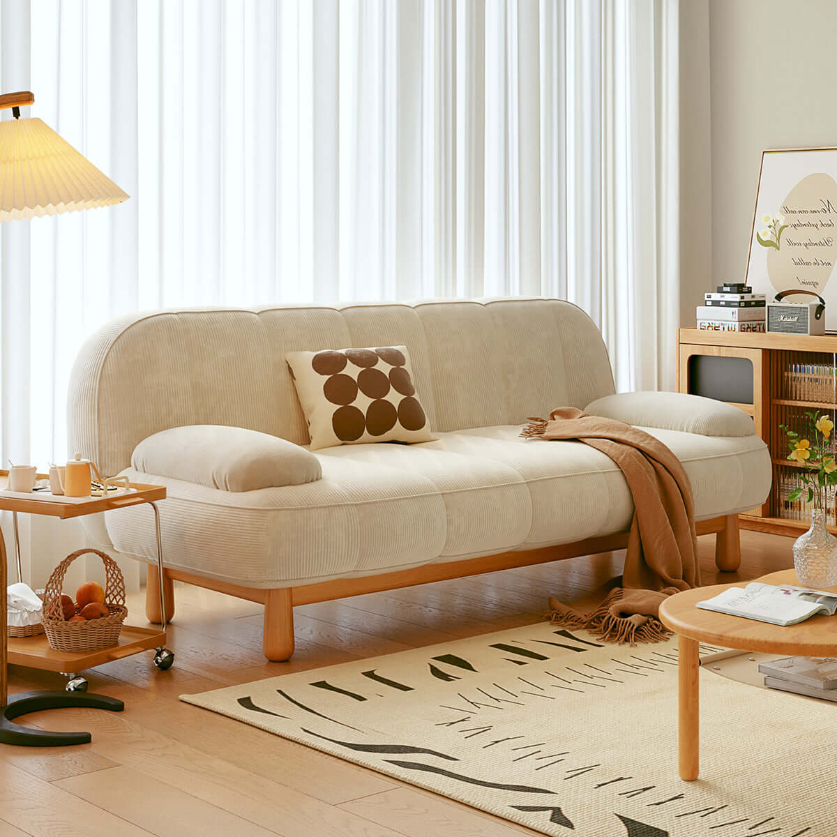 Hompkin Japandi Corduroy Folding Loveseat Sofa Bed with Ash Wood Frame