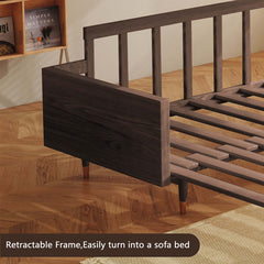 Hompkin Japandi L-Shaped Retractable Sofa Bed with Walnut Frame and Cotton Linen Upholstery