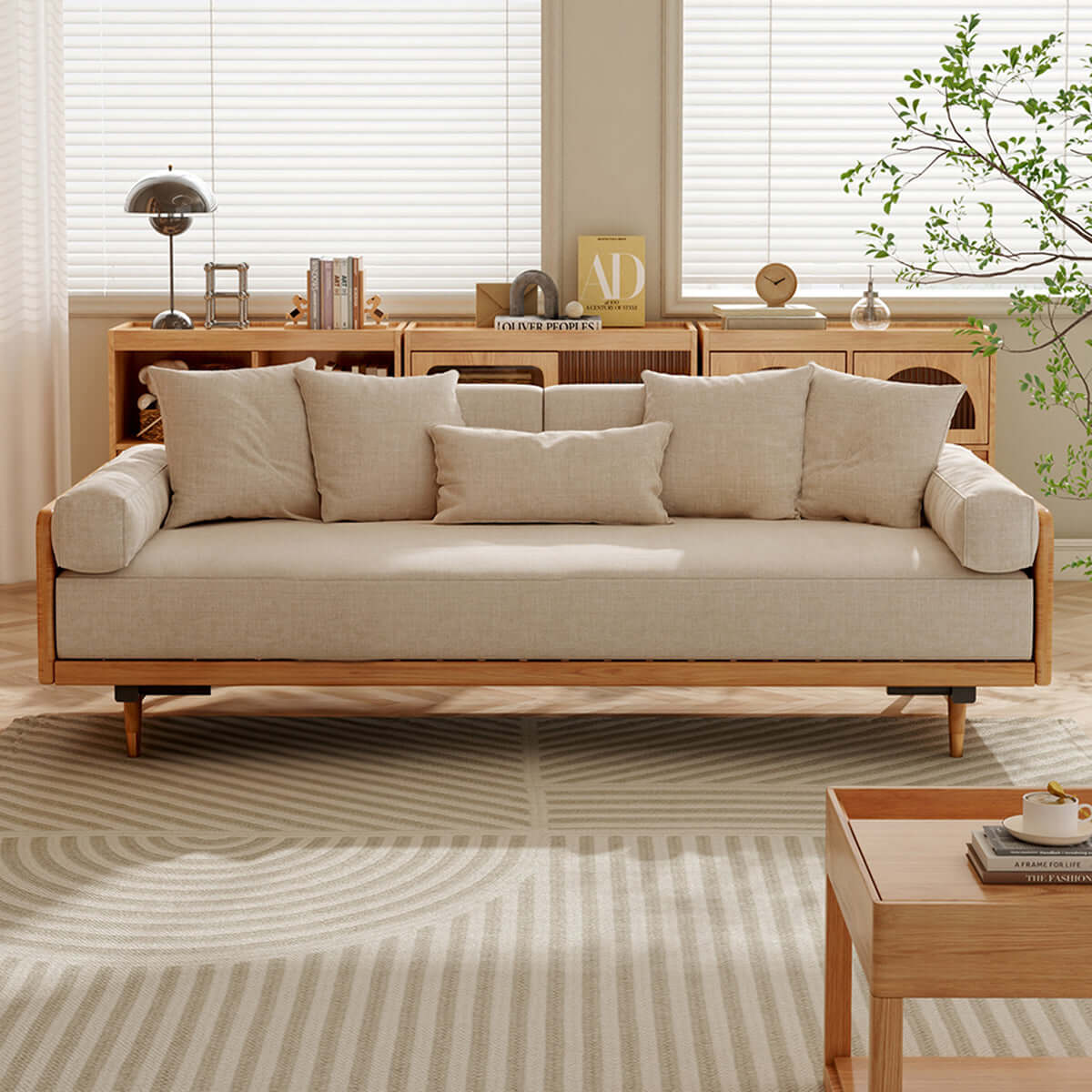 Hompkin Japandi L-Shaped Retractable Sofa Bed with Walnut Frame and Cotton Linen Upholstery