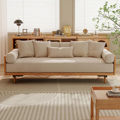 Hompkin Japandi L-Shaped Retractable Sofa Bed with Walnut Frame and Cotton Linen Upholstery