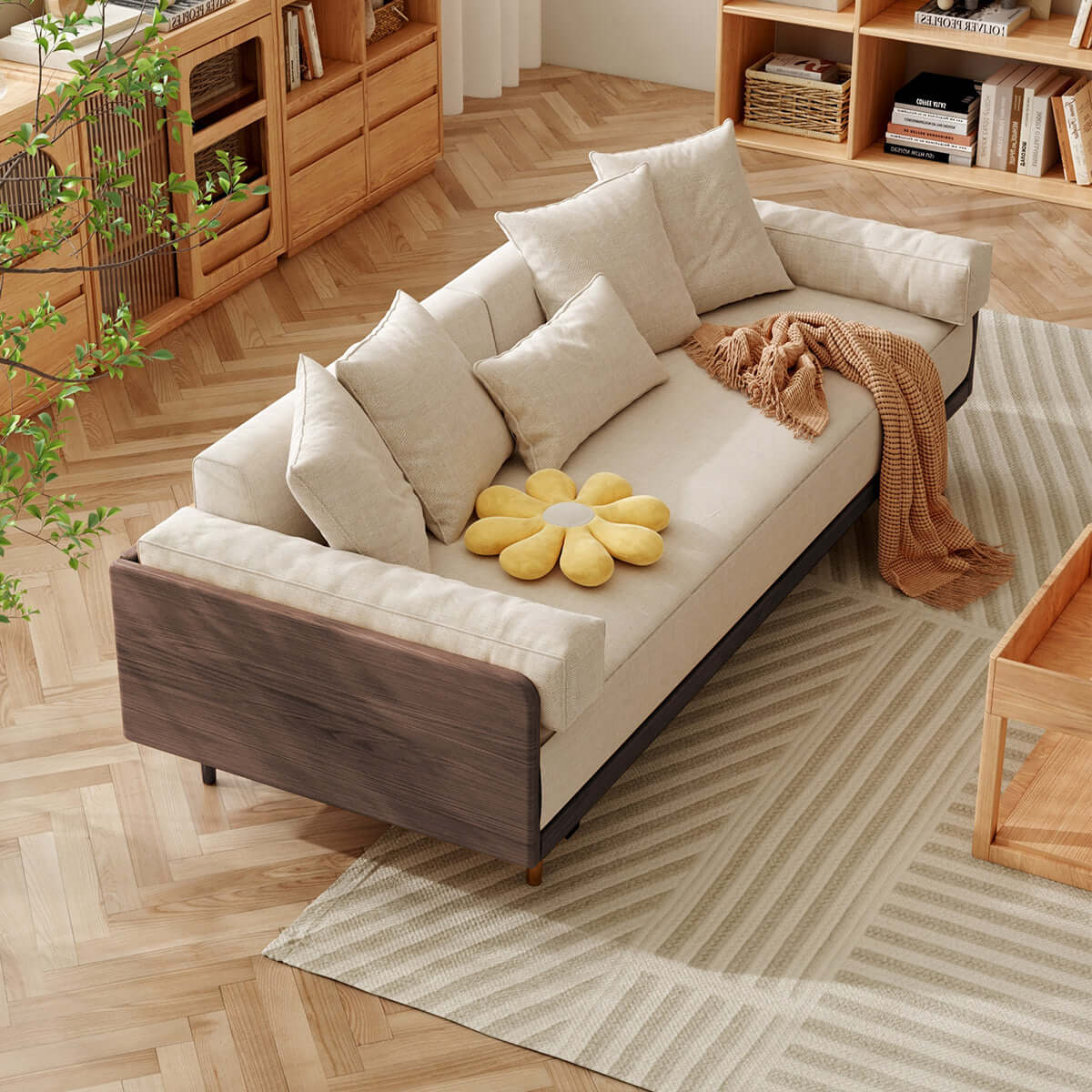 Hompkin Japandi L-Shaped Retractable Sofa Bed with Walnut Frame and Cotton Linen Upholstery