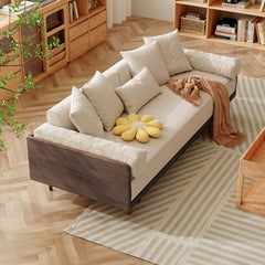 Hompkin Japandi L-Shaped Retractable Sofa Bed with Walnut Frame and Cotton Linen Upholstery