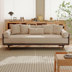 Hompkin Japandi L-Shaped Retractable Sofa Bed with Walnut Frame and Cotton Linen Upholstery