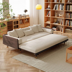 Hompkin Japandi L-Shaped Retractable Sofa Bed with Walnut Frame and Cotton Linen Upholstery
