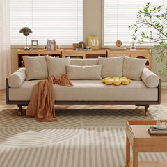 Hompkin Japandi L-Shaped Retractable Sofa Bed with Walnut Frame and Cotton Linen Upholstery