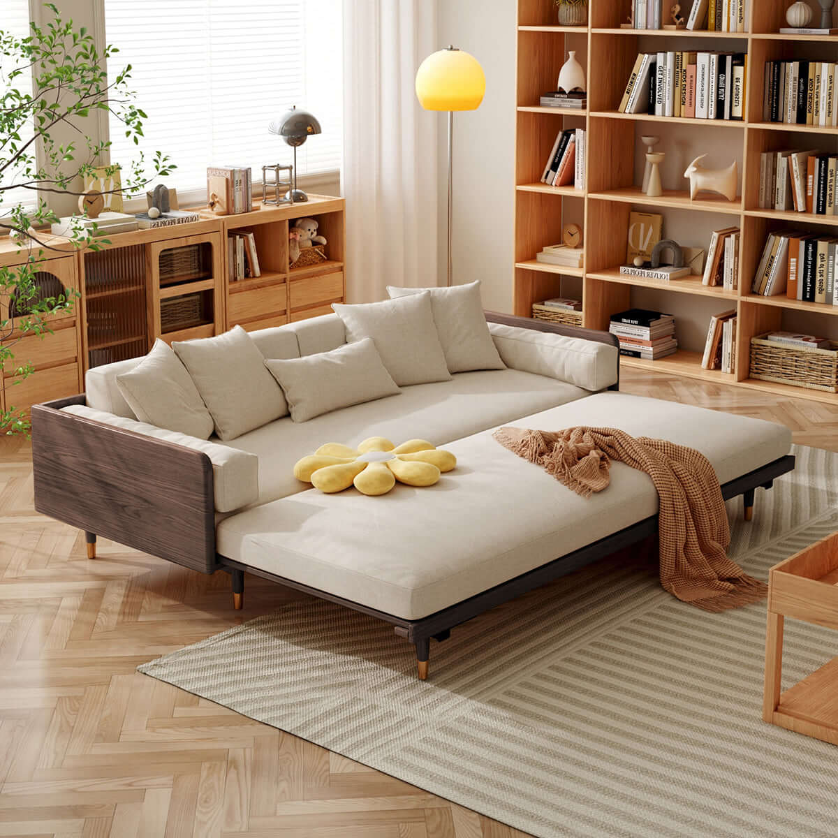Hompkin Japandi L-Shaped Retractable Sofa Bed with Walnut Frame and Cotton Linen Upholstery Main Product Image