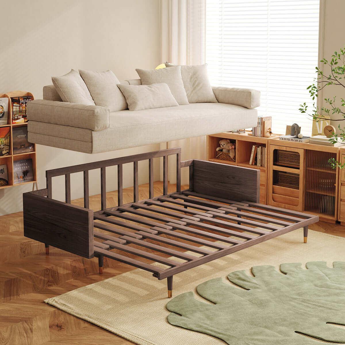 Hompkin Japandi L-Shaped Retractable Sofa Bed with Walnut Frame and Cotton Linen Upholstery