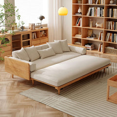 Hompkin Japandi L-Shaped Retractable Sofa Bed with Walnut Frame and Cotton Linen Upholstery