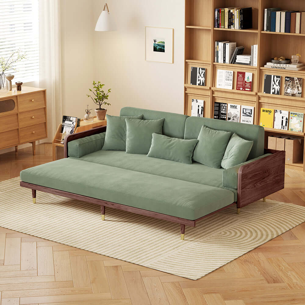 Hompkin Japandi L-Shaped Retractable Sofa Bed with Walnut Frame and Cotton Linen Upholstery
