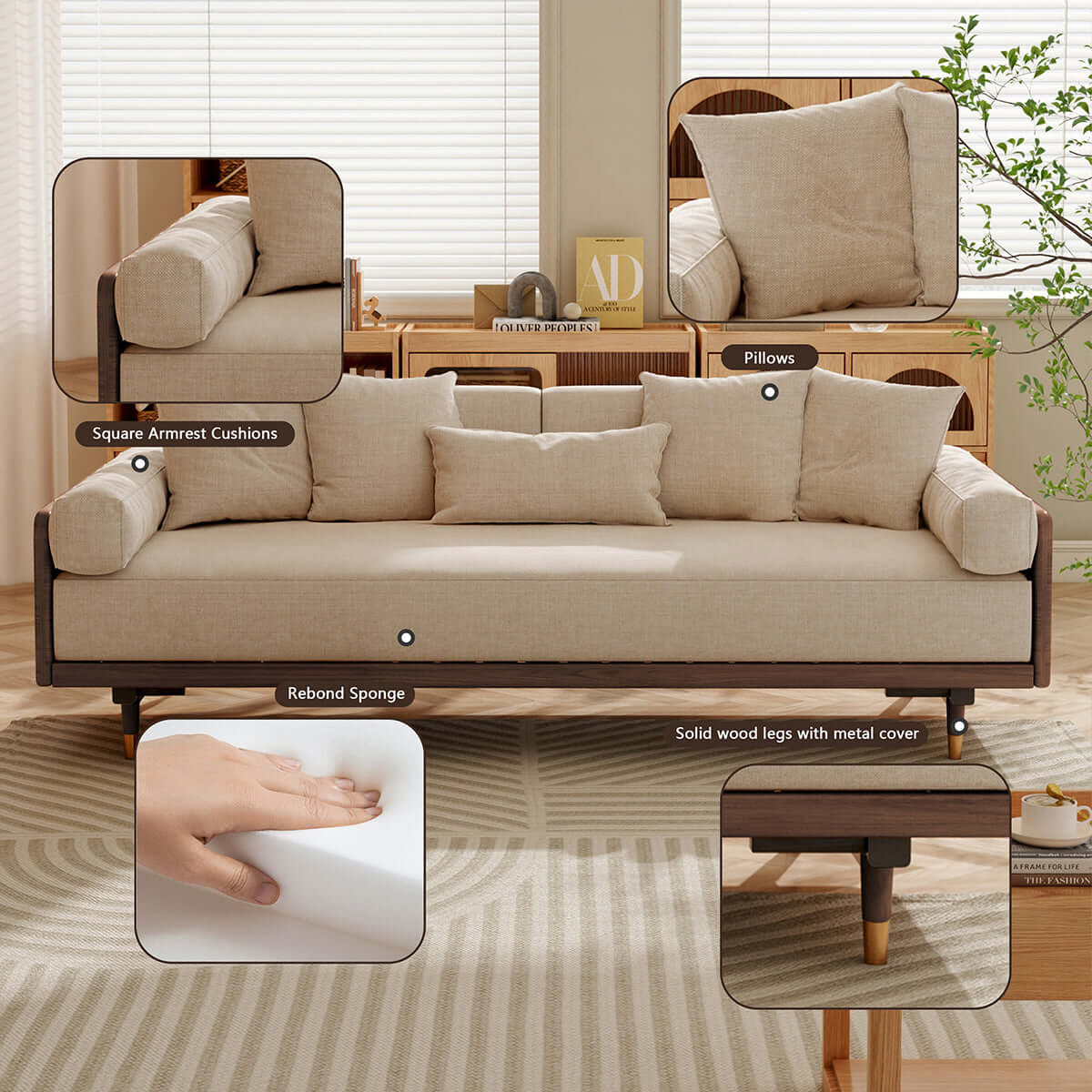 Hompkin Japandi L-Shaped Retractable Sofa Bed with Walnut Frame and Cotton Linen Upholstery