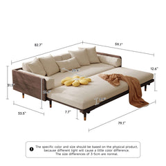 Hompkin Japandi L-Shaped Retractable Sofa Bed with Walnut Frame and Cotton Linen Upholstery
