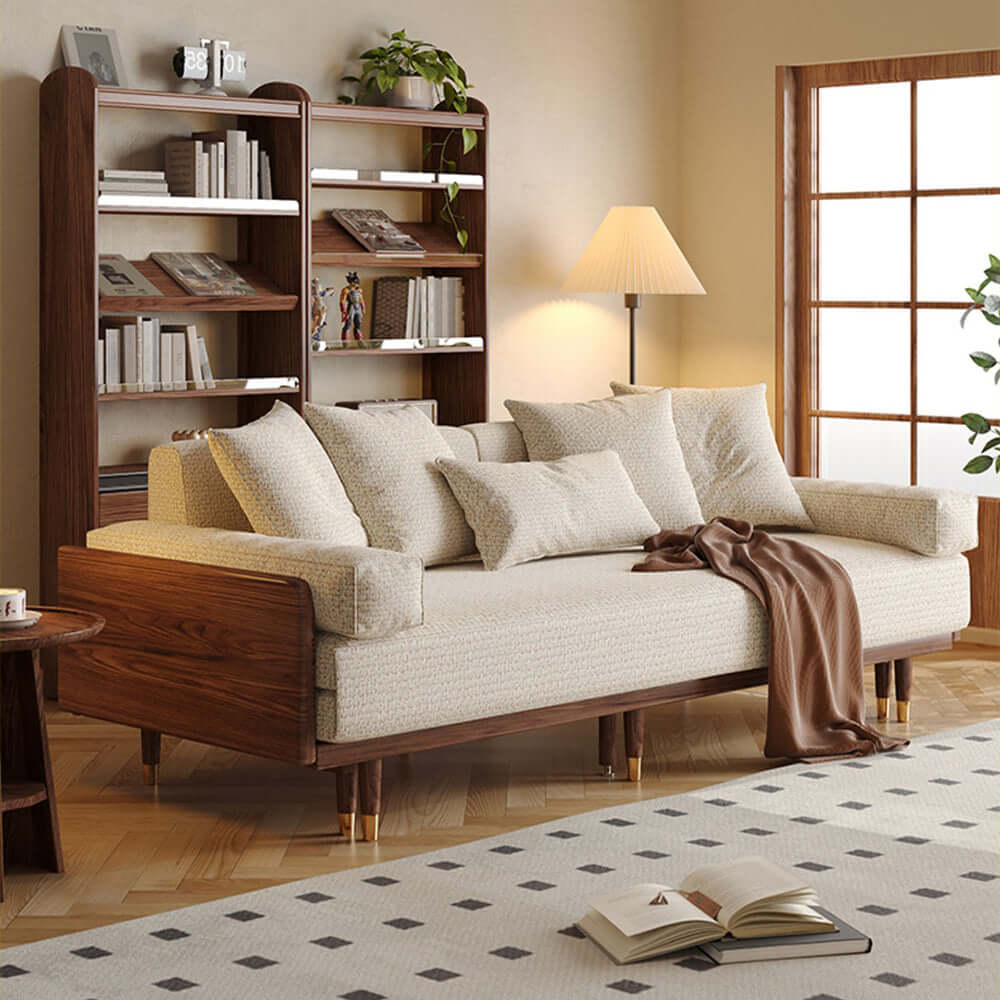 Hompkin Japandi L-Shaped Retractable Sofa Bed with Walnut Frame and Cotton Linen Upholstery