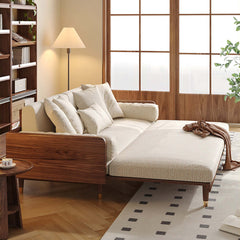 Hompkin Japandi L-Shaped Retractable Sofa Bed with Walnut Frame and Cotton Linen Upholstery
