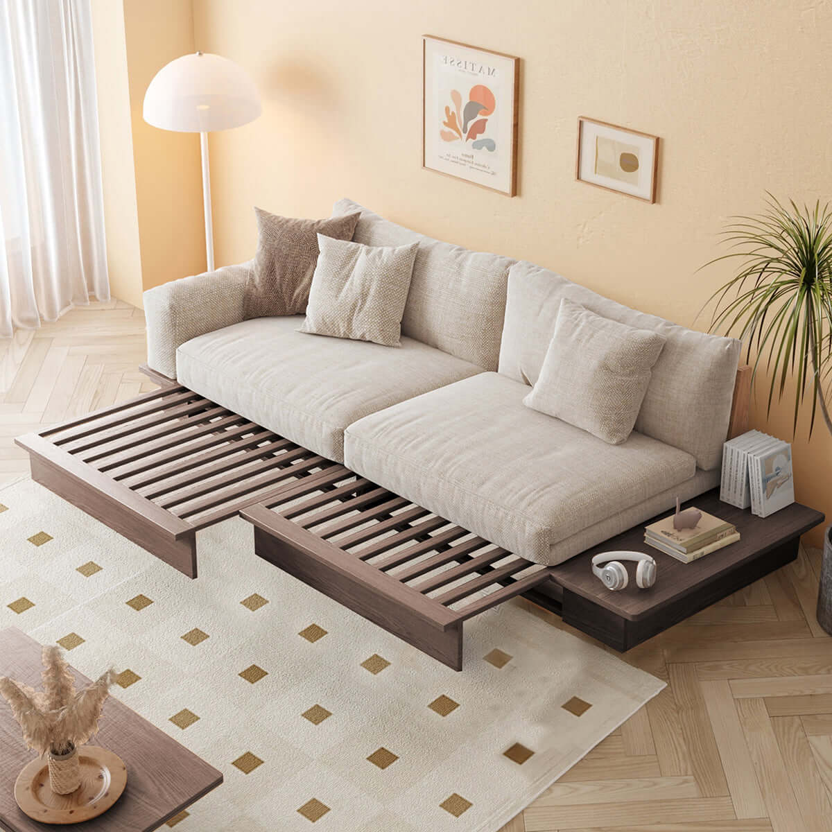 Hompkin Japandi Low-Profile Sofa Bed with Corduroy and Linen Upholstery