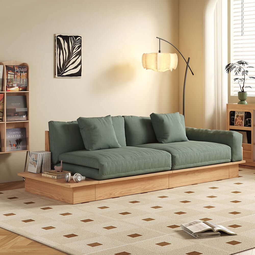 Hompkin Japandi Low-Profile Sofa Bed with Corduroy and Linen Upholstery