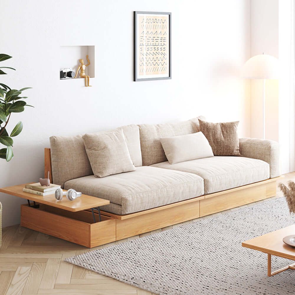 Hompkin Japandi Low-Profile Sofa Bed with Corduroy and Linen Upholstery
