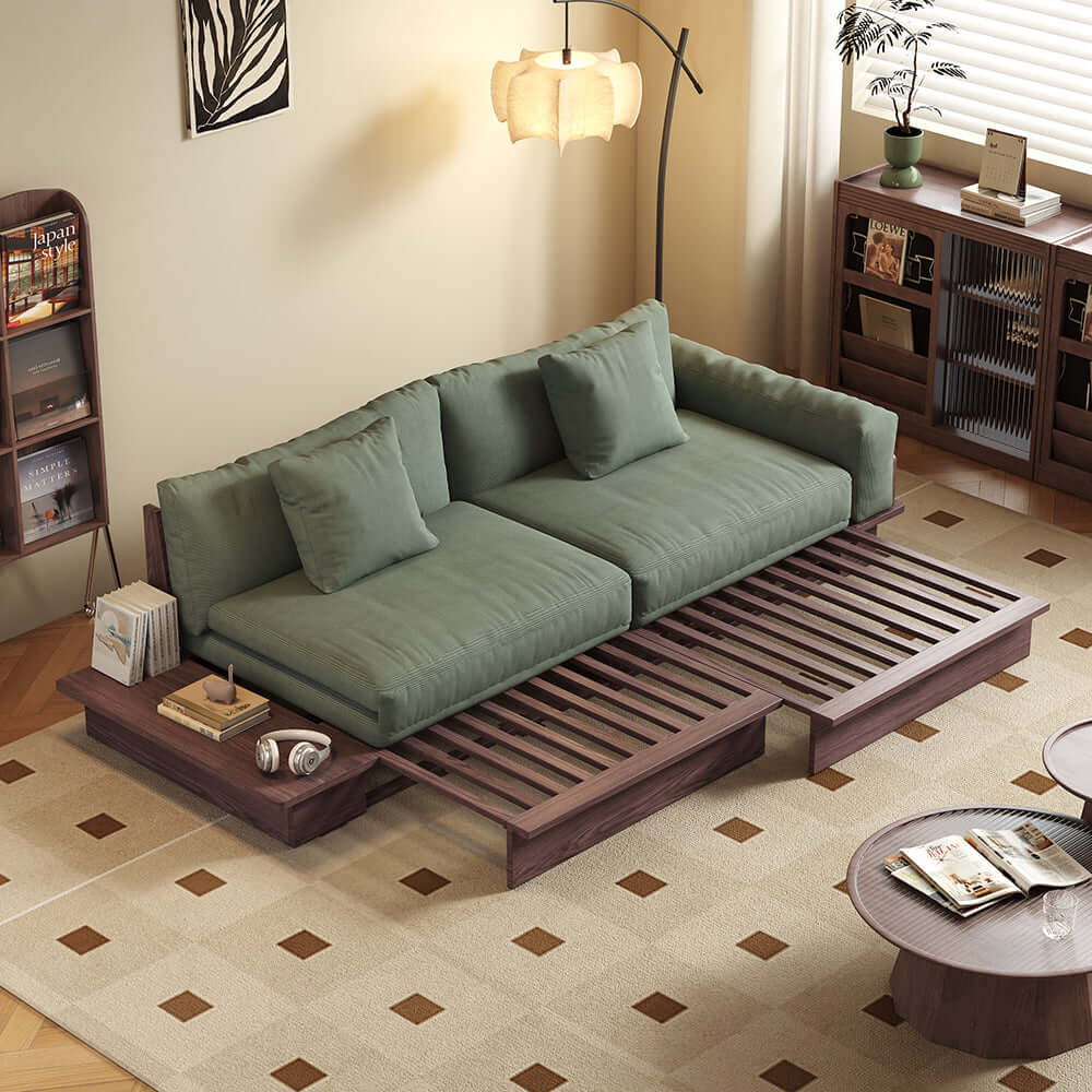 Hompkin Japandi Low-Profile Sofa Bed with Corduroy and Linen Upholstery
