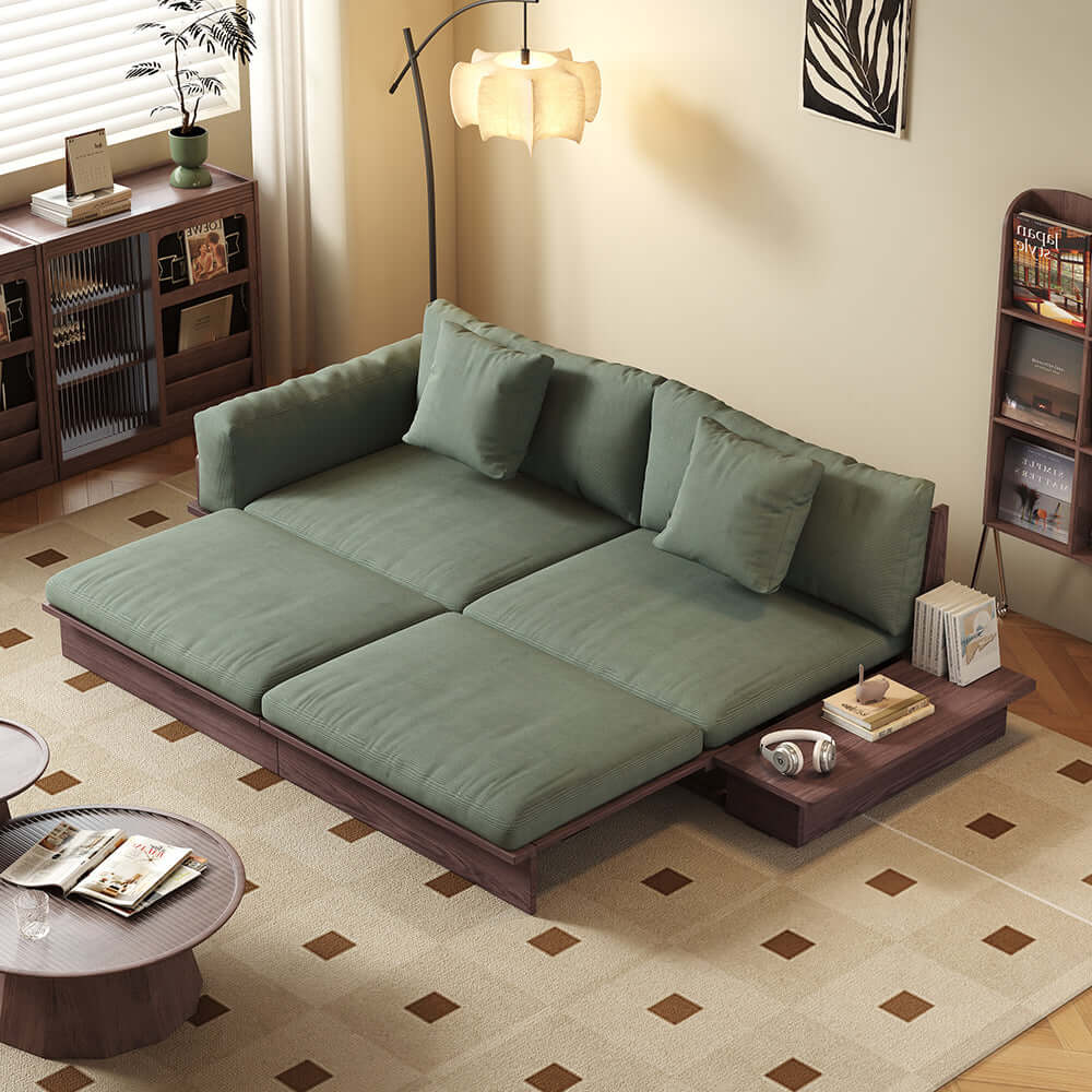 Hompkin Japandi Low-Profile Sofa Bed with Corduroy and Linen Upholstery