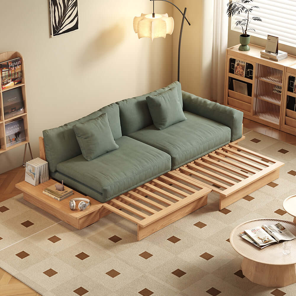 Hompkin Japandi Low-Profile Sofa Bed with Corduroy and Linen Upholstery