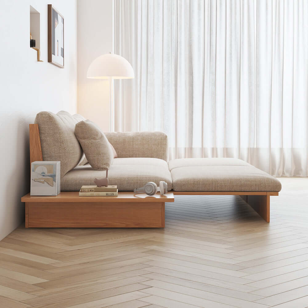 Hompkin Japandi Low-Profile Sofa Bed with Corduroy and Linen Upholstery