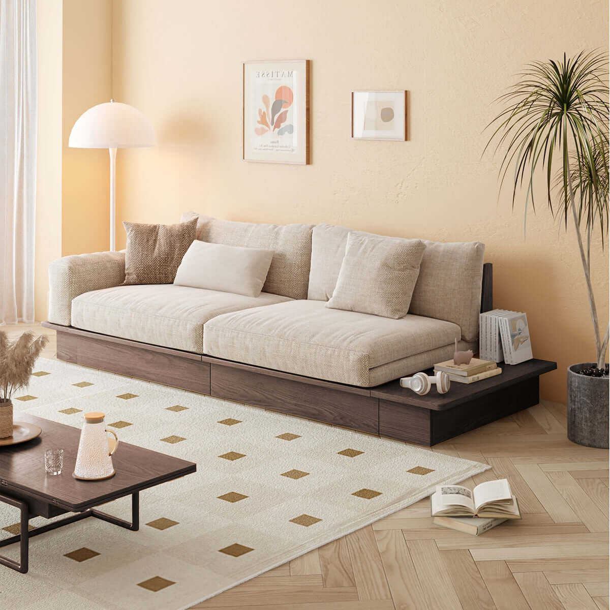 Hompkin Japandi Low-Profile Sofa Bed with Corduroy and Linen Upholstery