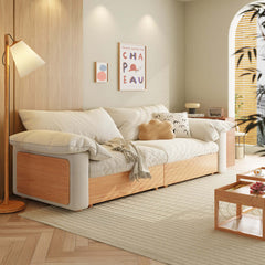 Hompkin Japandi Pull-Out Sofa Bed in Solid Wood and Premium Fabric