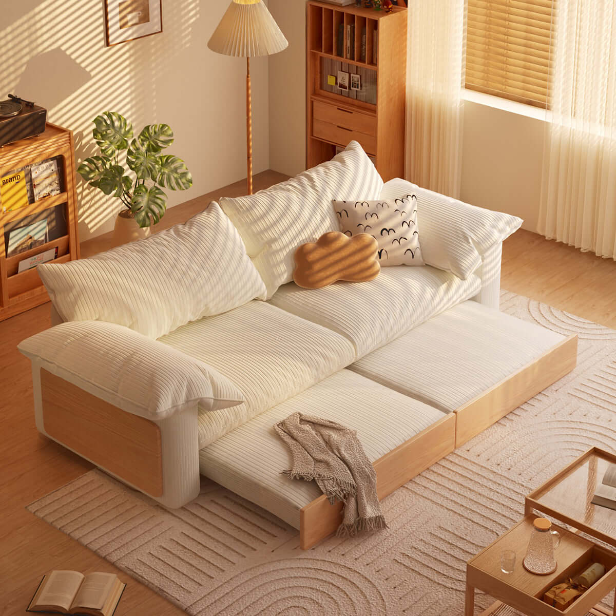 Hompkin Japandi Pull-Out Sofa Bed in Solid Wood and Premium Fabric