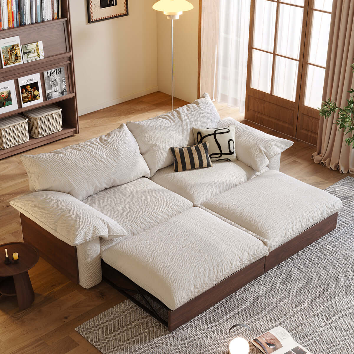 Hompkin Japandi Pull-Out Sofa Bed in Solid Wood and Premium Fabric