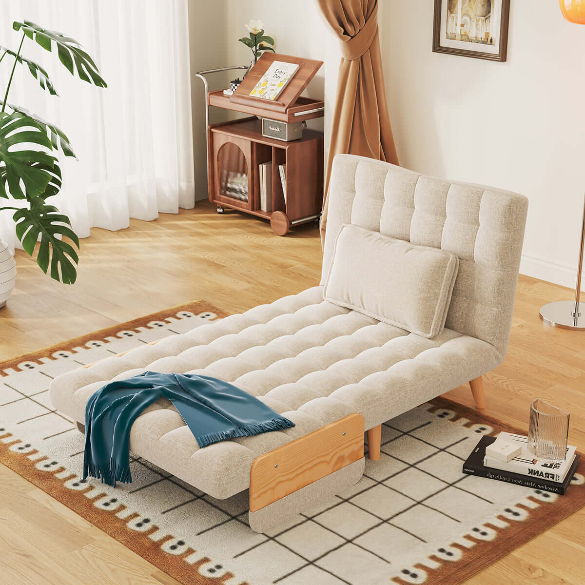 Hompkin Linen-Blend Adjustable Sofa Bed with Solid Wood Accents