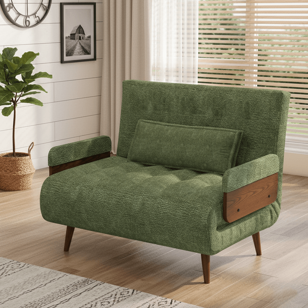 Hompkin Linen-Blend Adjustable Sofa Bed with Solid Wood Accents