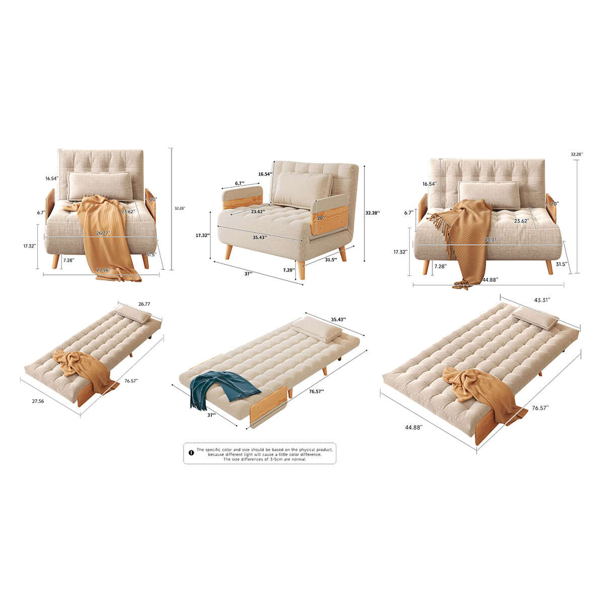 Hompkin Linen-Blend Adjustable Sofa Bed with Solid Wood Accents