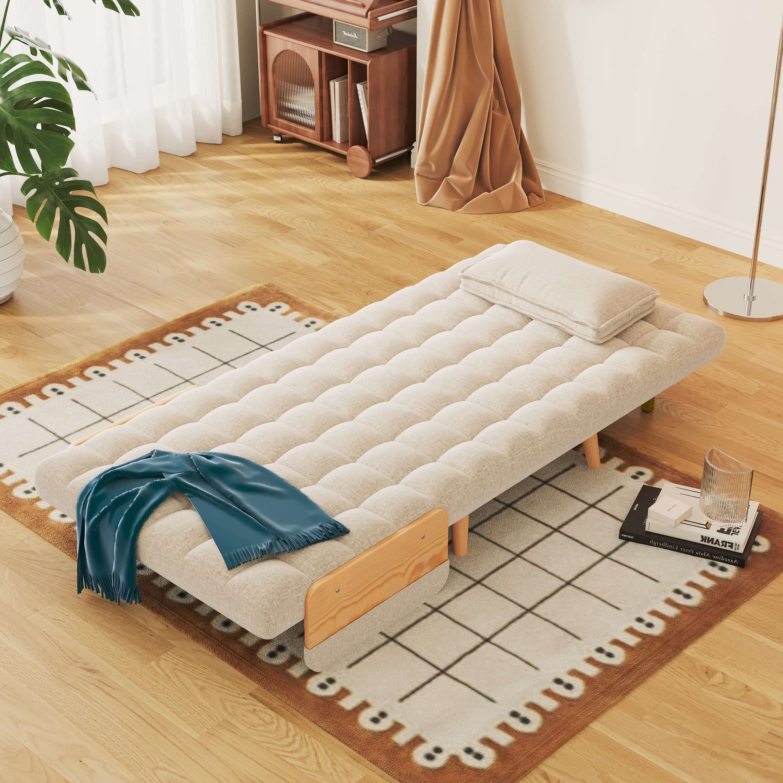 Hompkin Linen-Blend Adjustable Sofa Bed with Solid Wood Accents