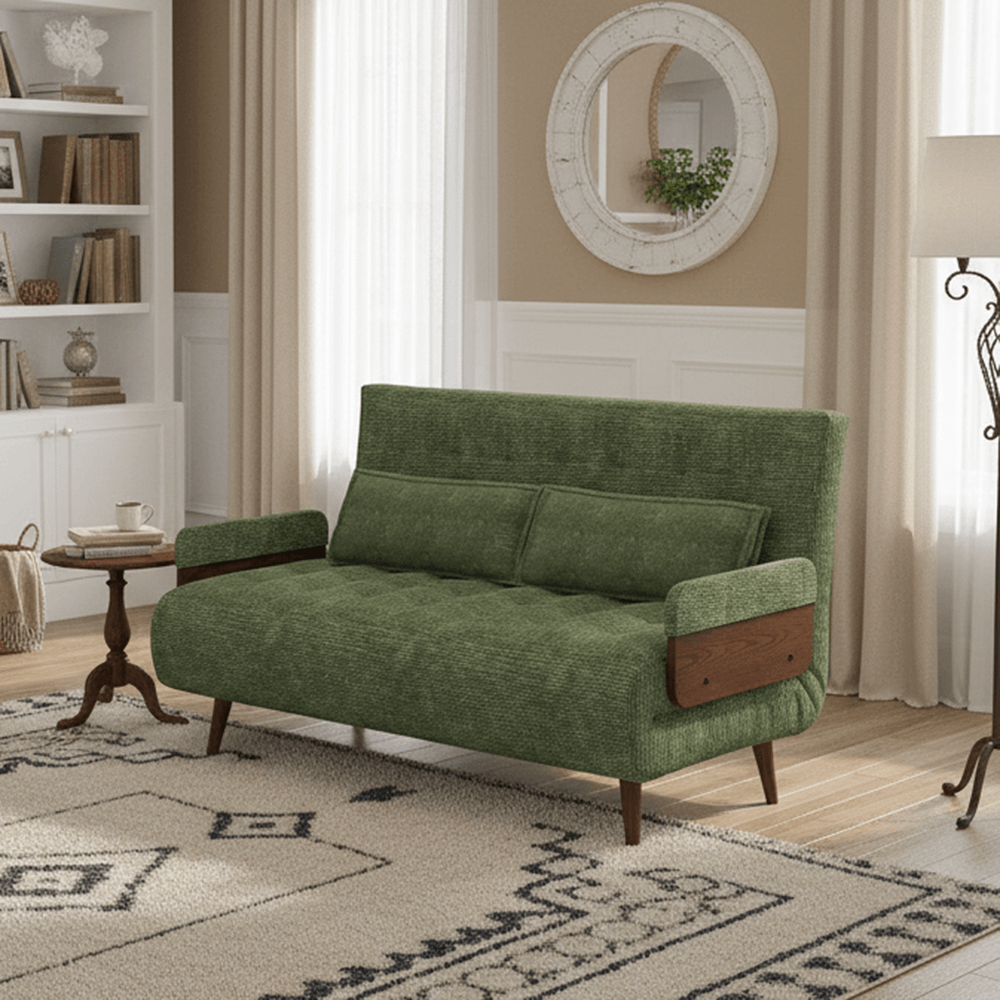 Hompkin Linen-Blend Adjustable Sofa Bed with Solid Wood Accents