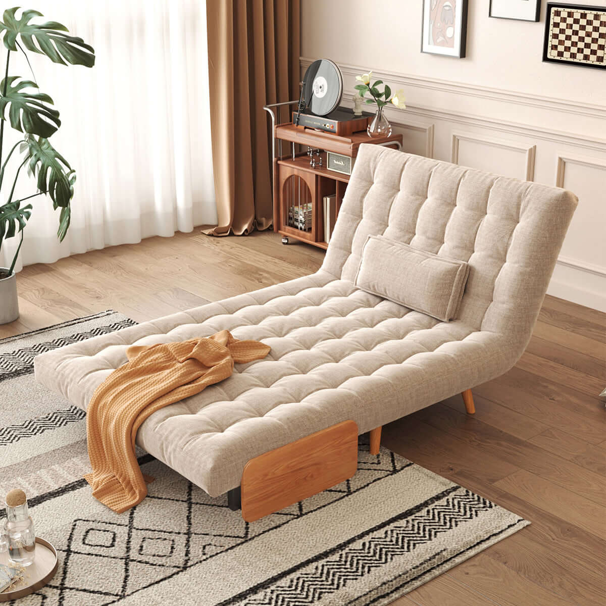 Hompkin Linen-Blend Adjustable Sofa Bed with Solid Wood Accents