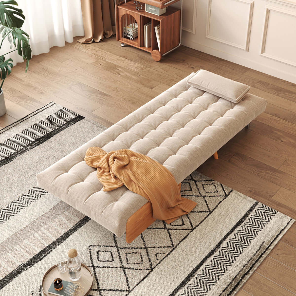 Hompkin Linen-Blend Adjustable Sofa Bed with Solid Wood Accents