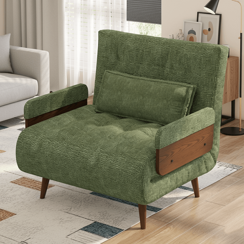 Hompkin Linen-Blend Adjustable Sofa Bed with Solid Wood Accents