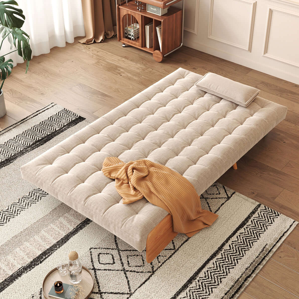 Hompkin Linen-Blend Adjustable Sofa Bed with Solid Wood Accents