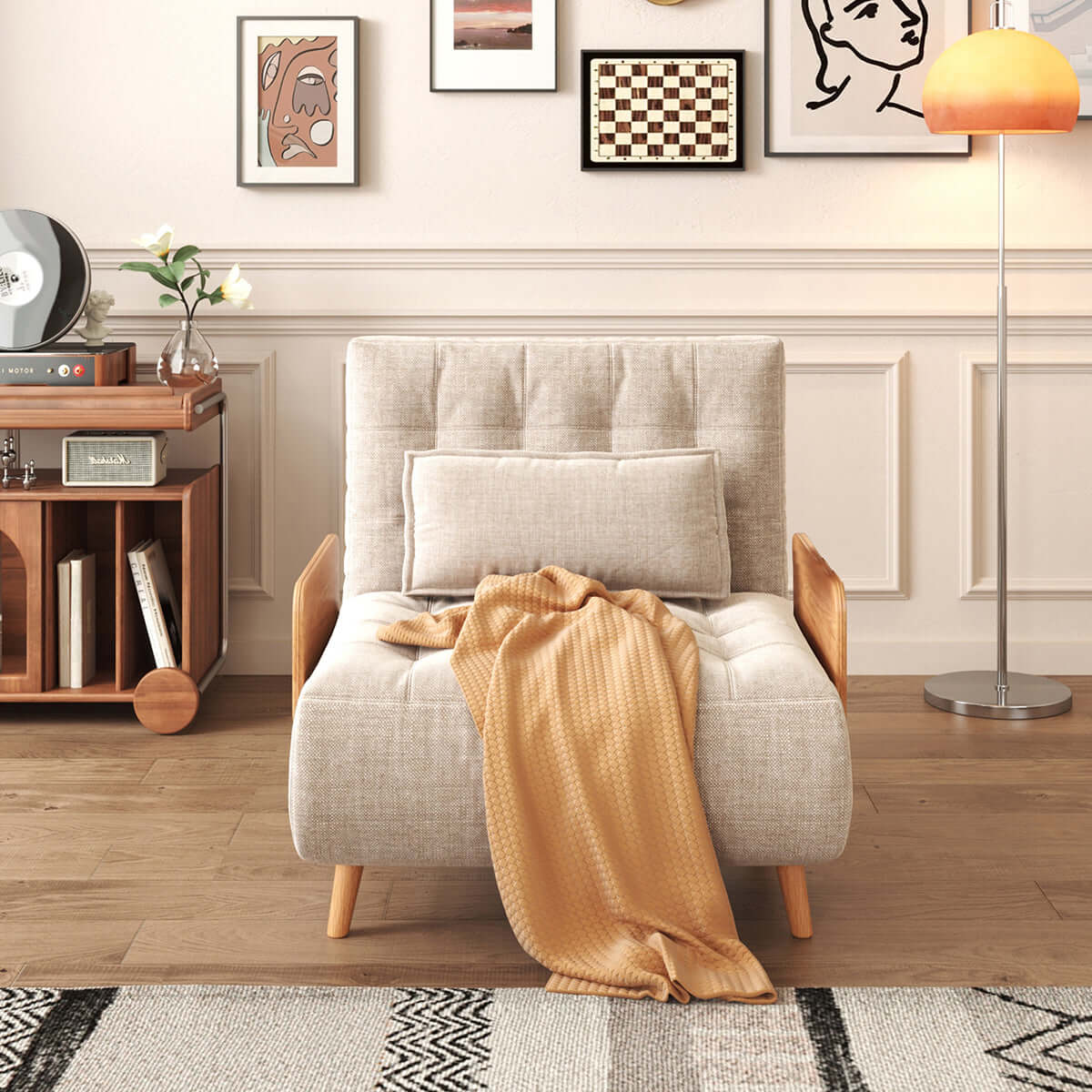 Hompkin Linen-Blend Adjustable Sofa Bed with Solid Wood Accents