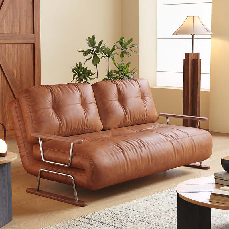 Hompkin Mid-Century Foldable Sofa Bed in Caramel Oil-Wax Eco-Leather