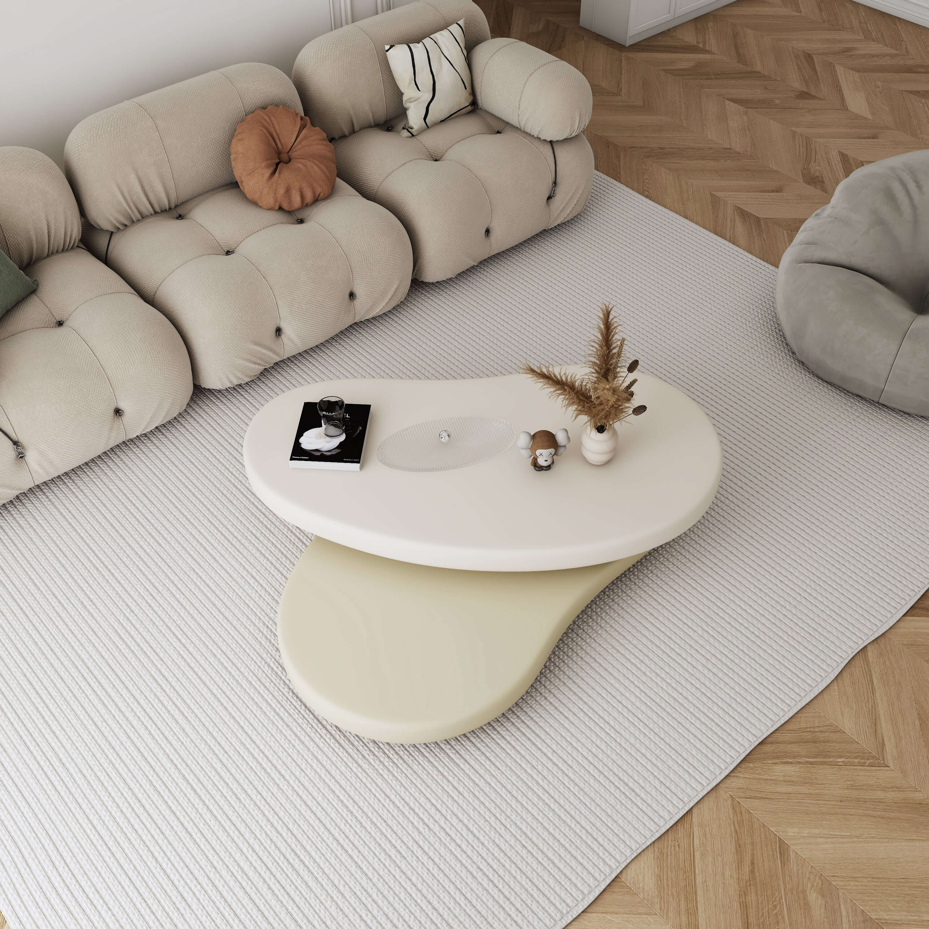 Hompkin Minimalist Rotatable Oval Coffee Table in Off-White and Beige