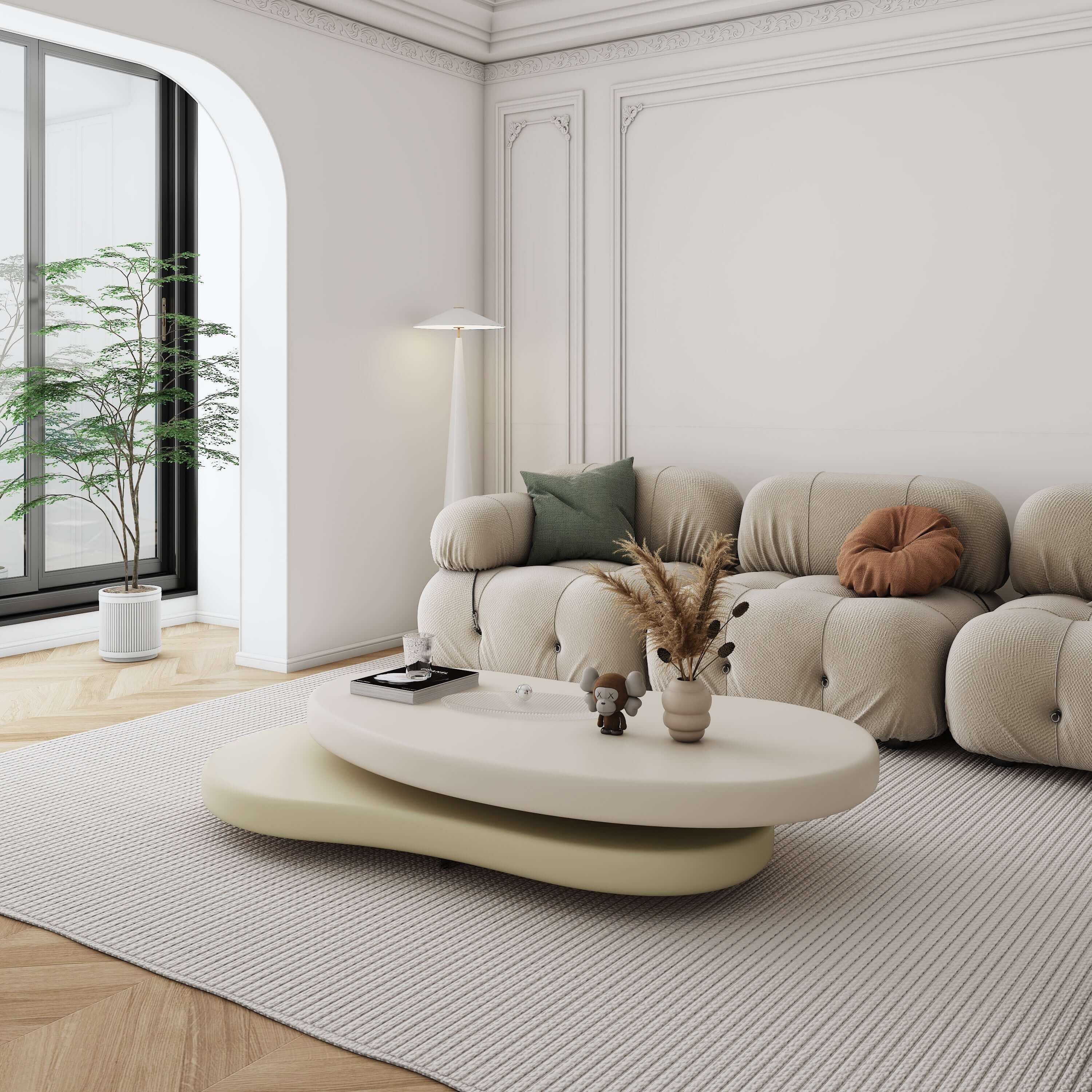 Hompkin Minimalist Rotatable Oval Coffee Table in Off-White and Beige