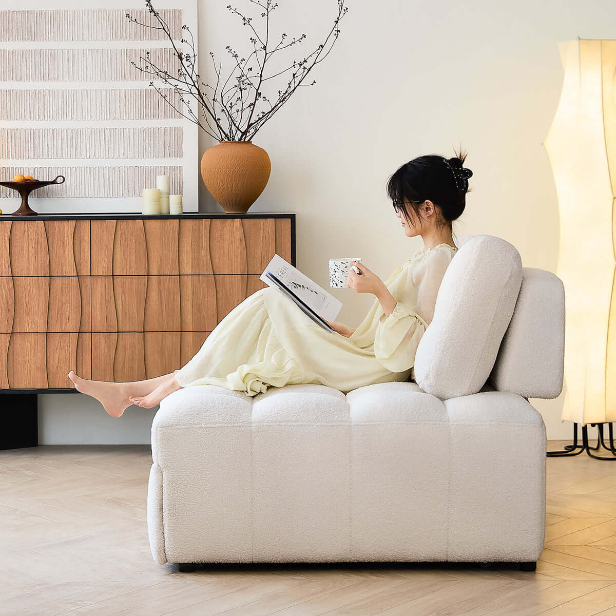 Hompkin Modern Teddy Fleece Lounge Sofa Bed with Pull-Out Function