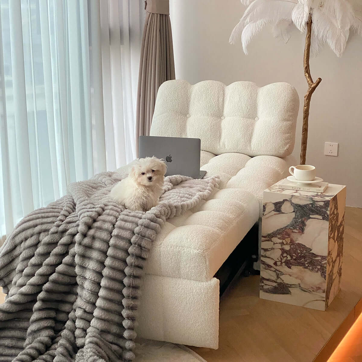 Hompkin Modern Teddy Fleece Lounge Sofa Bed with Pull-Out Function