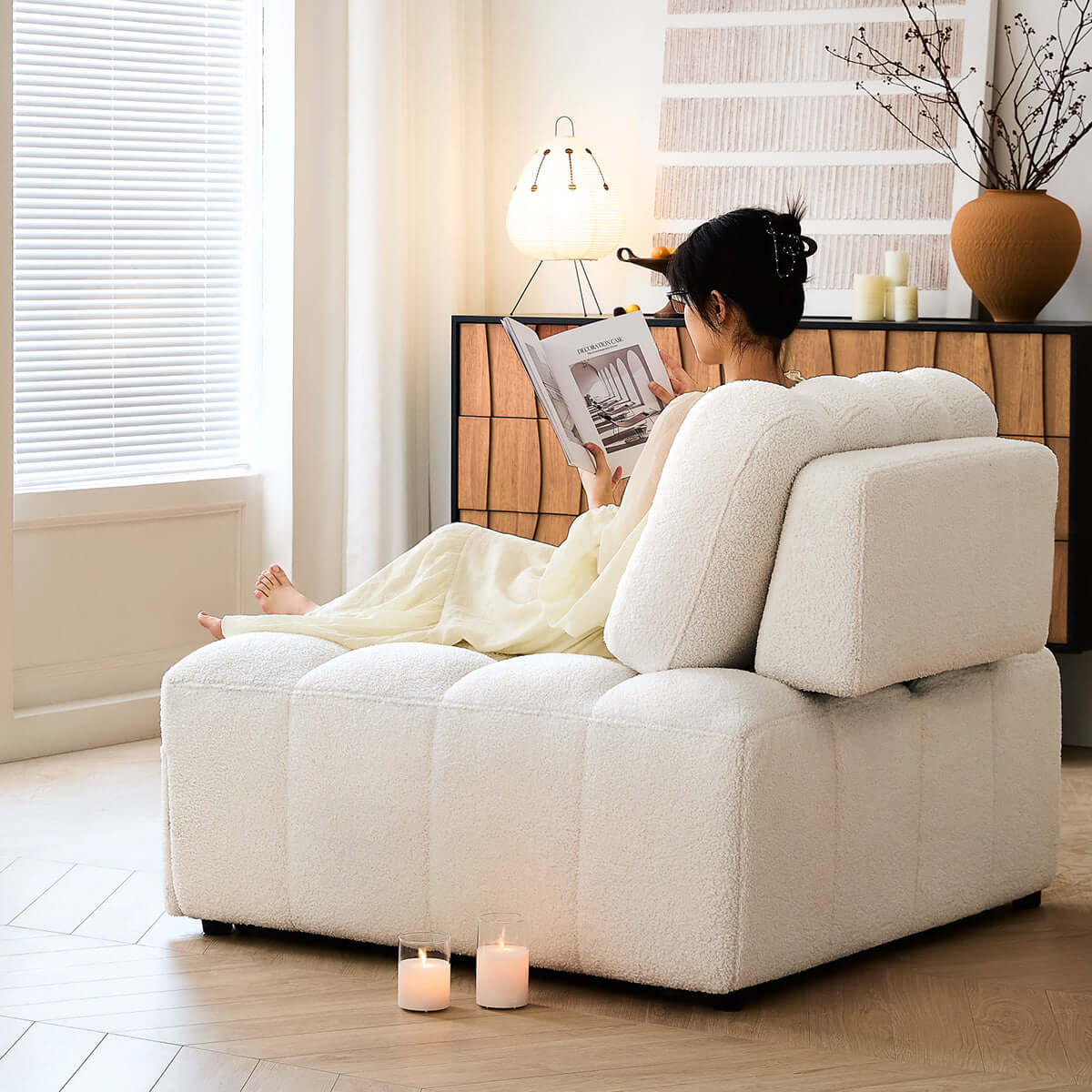 Hompkin Modern Teddy Fleece Lounge Sofa Bed with Pull-Out Function