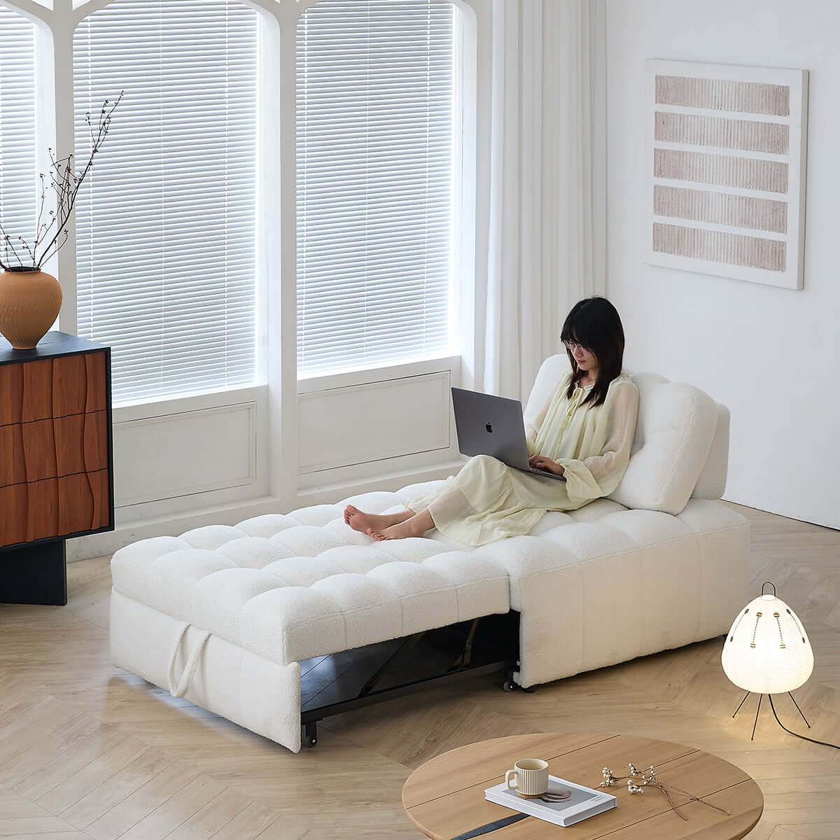 Hompkin Modern Teddy Fleece Lounge Sofa Bed with Pull-Out Function