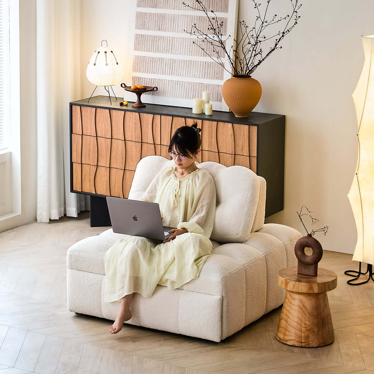 Hompkin Modern Teddy Fleece Lounge Sofa Bed with Pull-Out Function